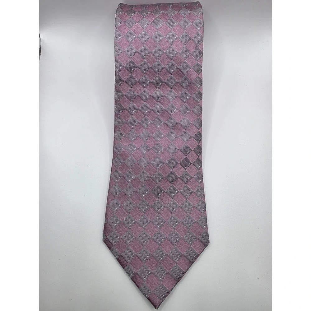 Calvin Klein Mens Silk Tie Pink Gray Plaid Formal Necktie‎ Wedding Business